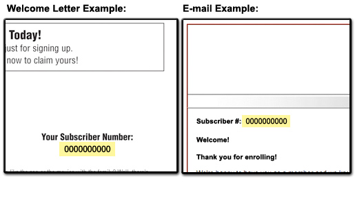 Welcome letter example depicting the location of your subscriber number.